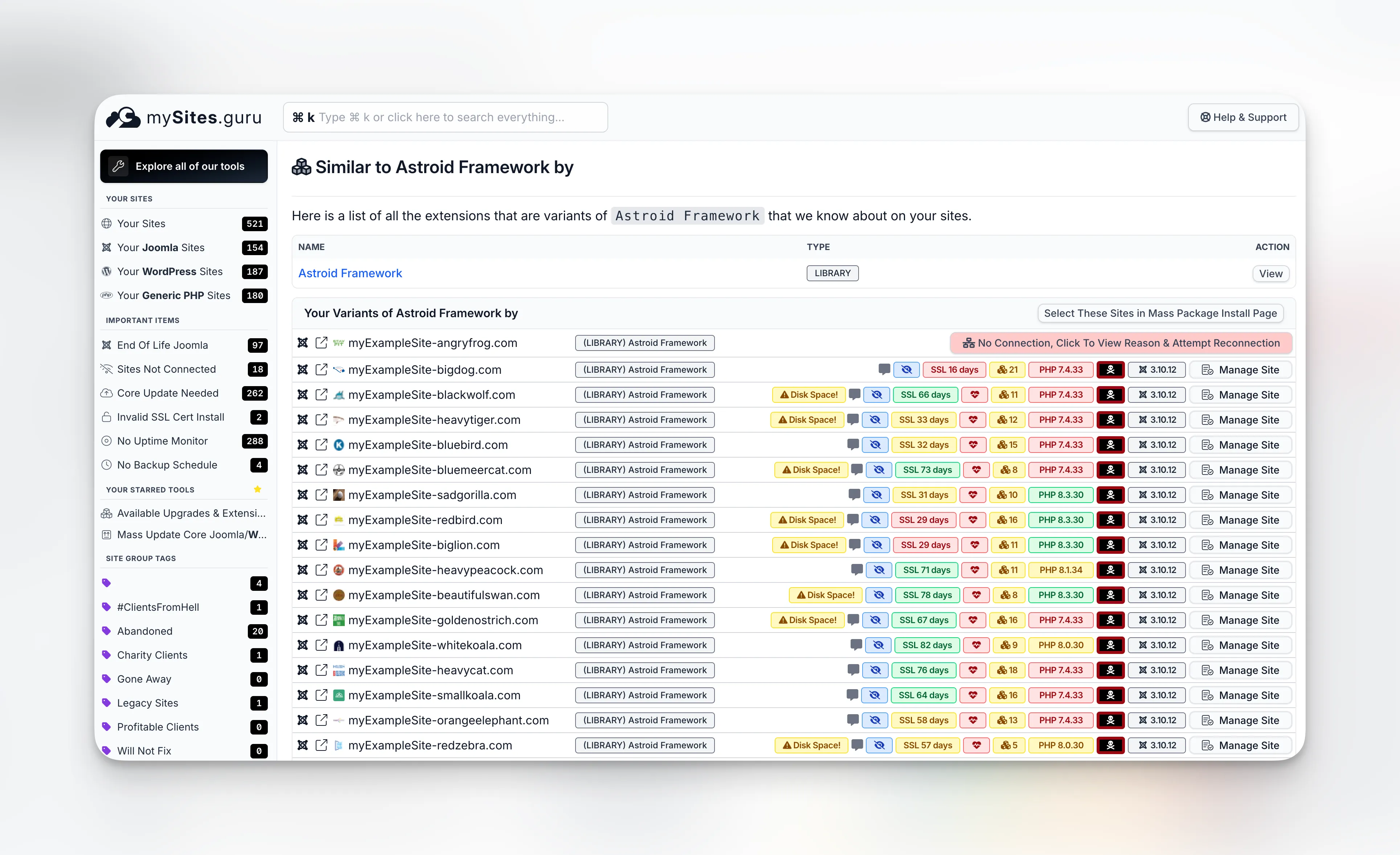 mySites.guru extension search showing all sites with Astroid Framework installed, with version numbers, PHP versions, and Joomla versions for each site