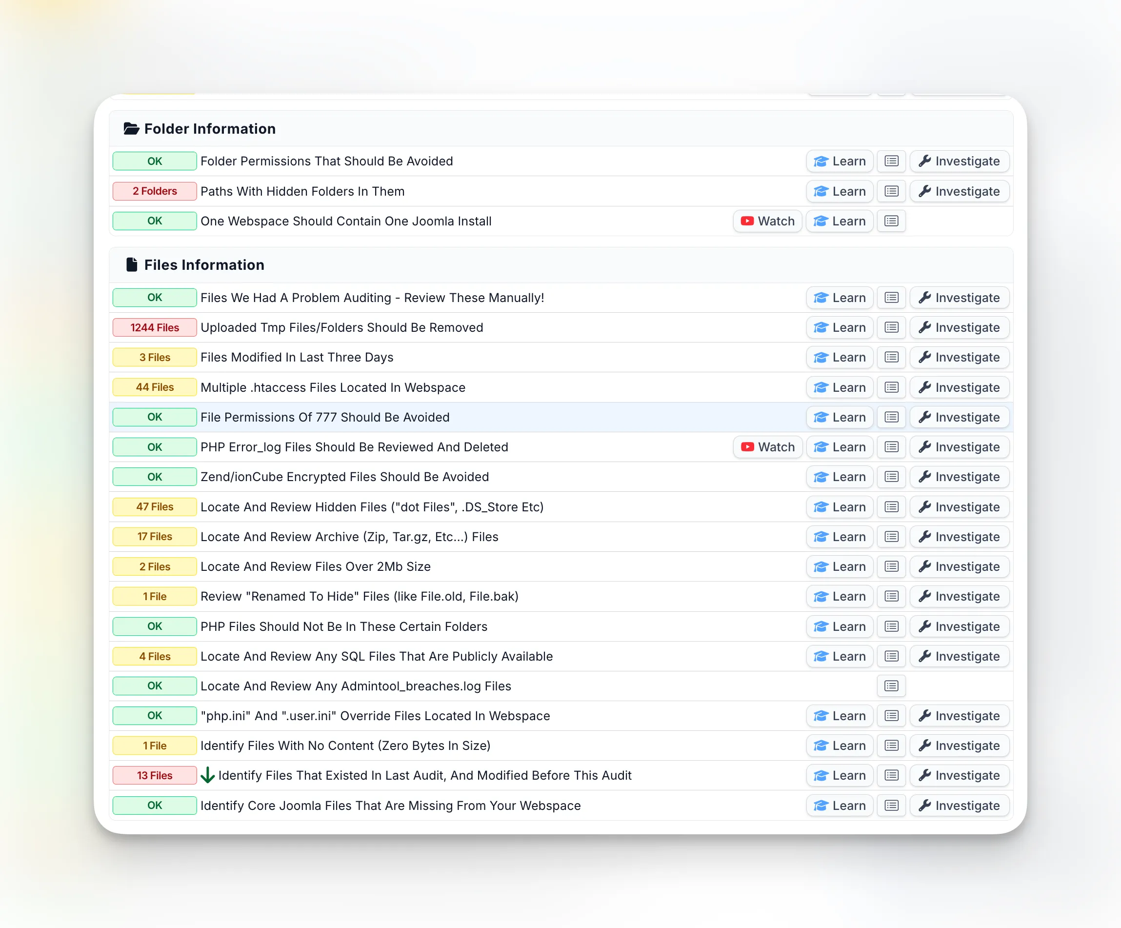 mySites.guru audit showing folder and file information tools with flags for recently modified files, hidden folders, tmp files, and other suspicious items