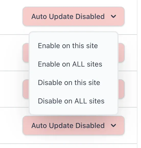 Auto Update split-button dropdown showing four options: Enable on this site, Enable on ALL sites, Disable on this site, Disable on ALL sites