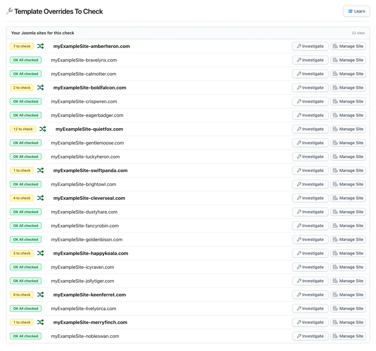 The Template Overrides To Check All Sites page listing 22 Joomla sites, each with a green OK All checked pill or a yellow pill such as 7 to check or 12 to check, and Investigate and Manage Site buttons on every row