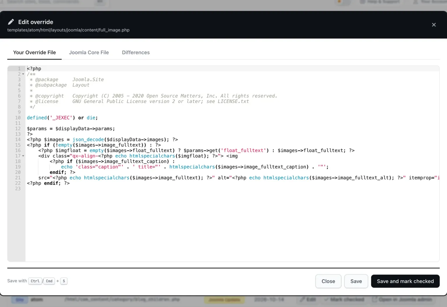 The Edit override modal on the Your Override File tab, showing the override's PHP source in a code editor with line numbers and syntax highlighting