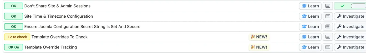 The last rows of a Joomla site's snapshot list, with two new rows: 12 to check beside Template Overrides To Check and OK On beside Template Override Tracking, each with Learn and Investigate buttons