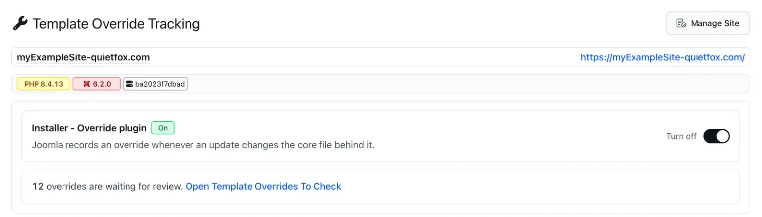 The Template Override Tracking page showing Installer - Override plugin with an On pill, a Turn off switch, the note that Joomla records an override whenever an update changes the core file behind it, and a line saying 12 overrides are waiting for review with a link to Template Overrides To Check