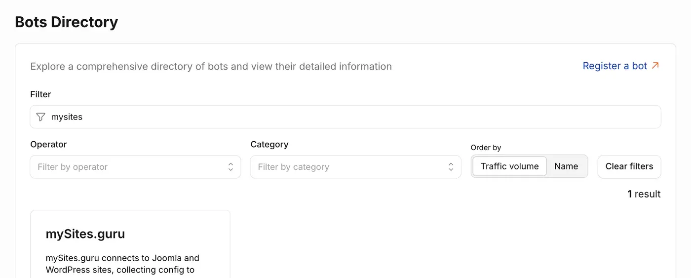 The Cloudflare Radar Bots Directory filtered to the word mysites, showing a single result: a card for mySites.guru