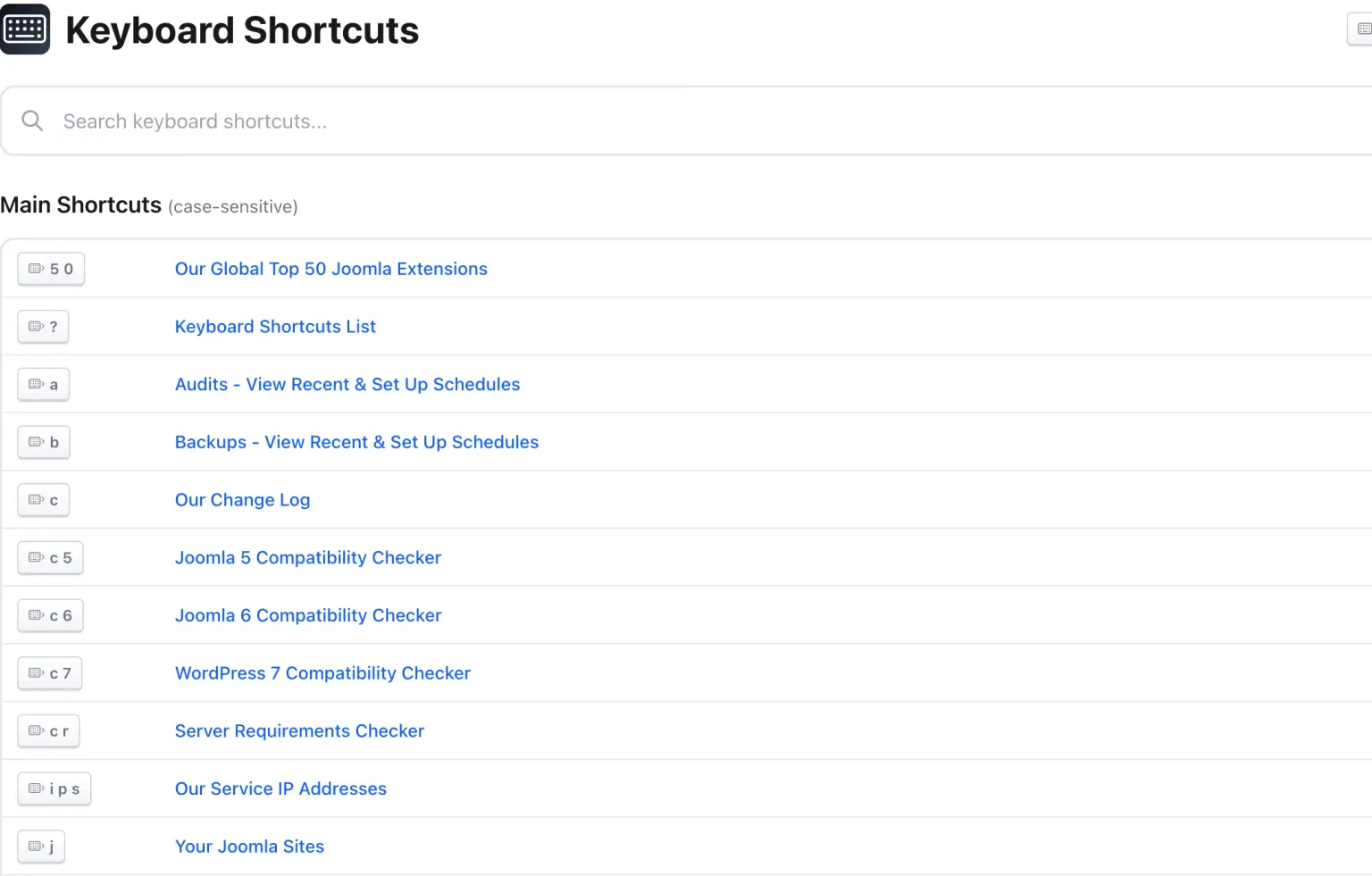 The mySites.guru keyboard shortcuts help page, listing each shortcut as key caps beside the page or tool it opens, including the multi-key sequences