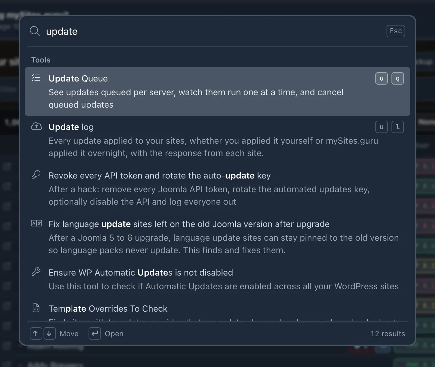 The command palette in dark mode with the query update, listing Update Queue with the key caps u and q on the right and Update log with u and l
