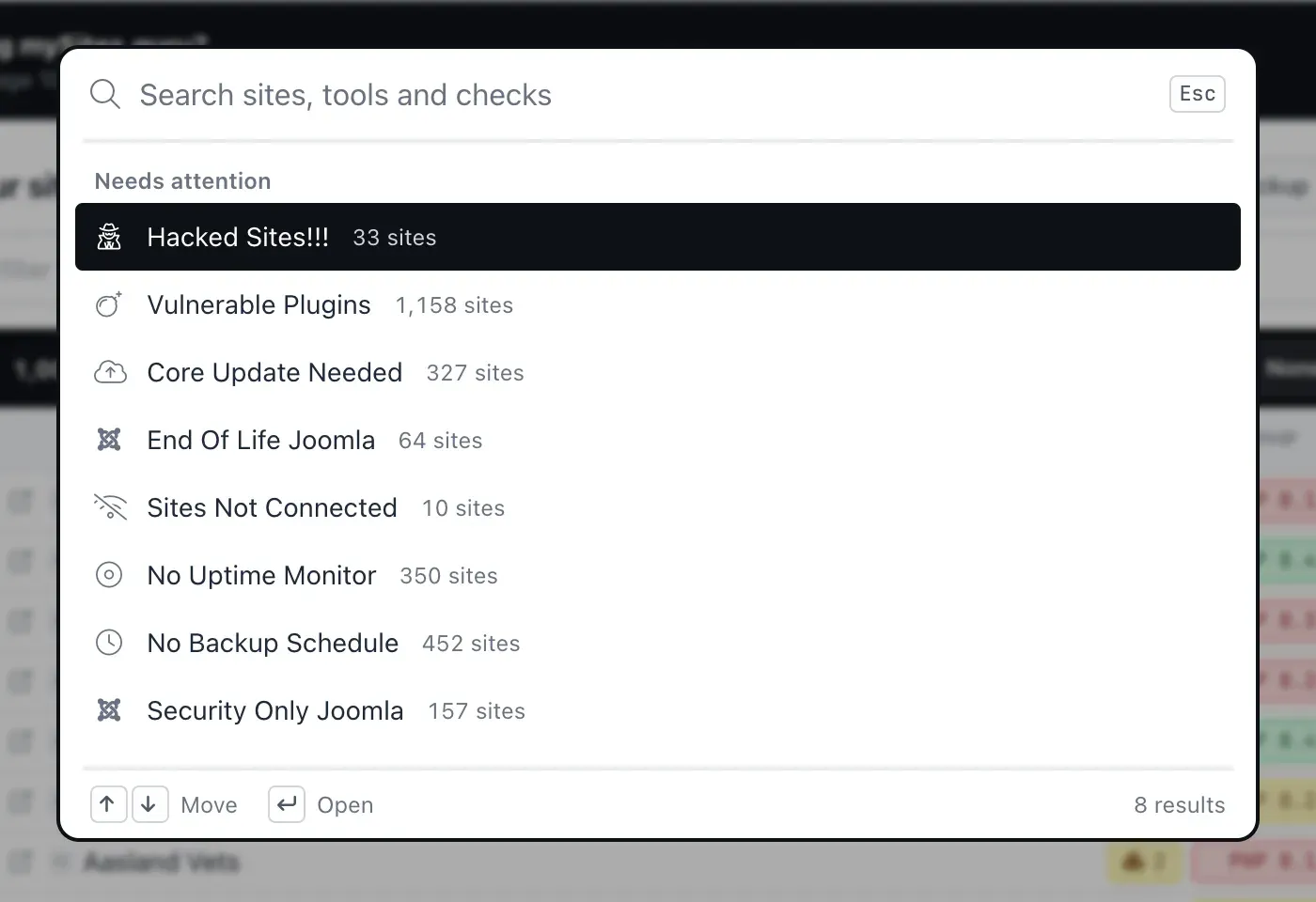 The command palette with an empty query, showing the Needs attention group with filters such as Hacked Sites, Vulnerable Plugins, Core Update Needed and No Backup Schedule, each with the number of matching sites