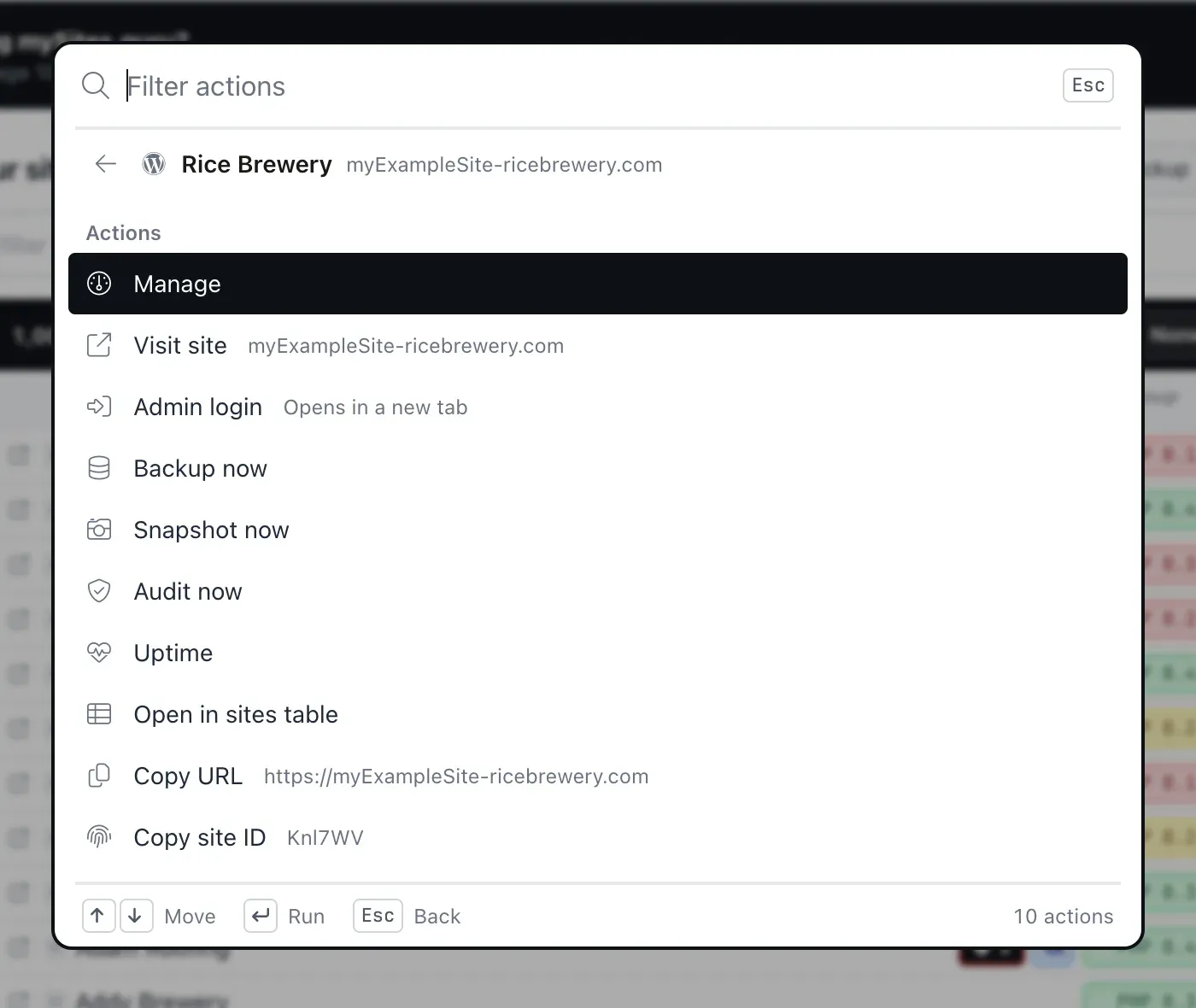 The command palette showing the actions for a single site named Rice Brewery: Manage, Visit site, Admin login, Backup now, Snapshot now, Audit now, Uptime, Open in sites table, Copy URL and Copy site ID