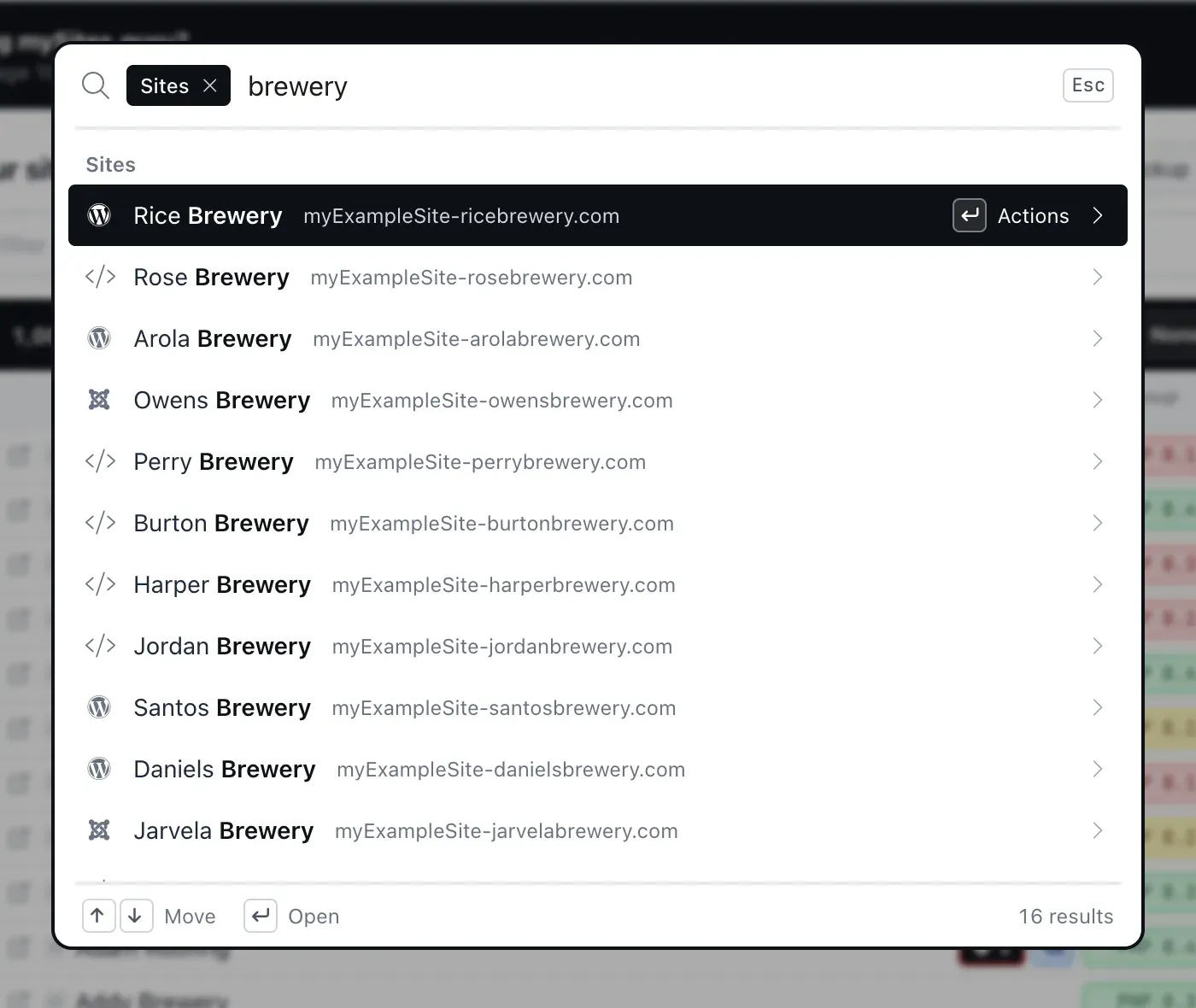 The command palette scoped to sites with a Sites chip in the search box and the query brewery, showing site rows with their domains, and the highlighted row ending in an Enter Actions hint