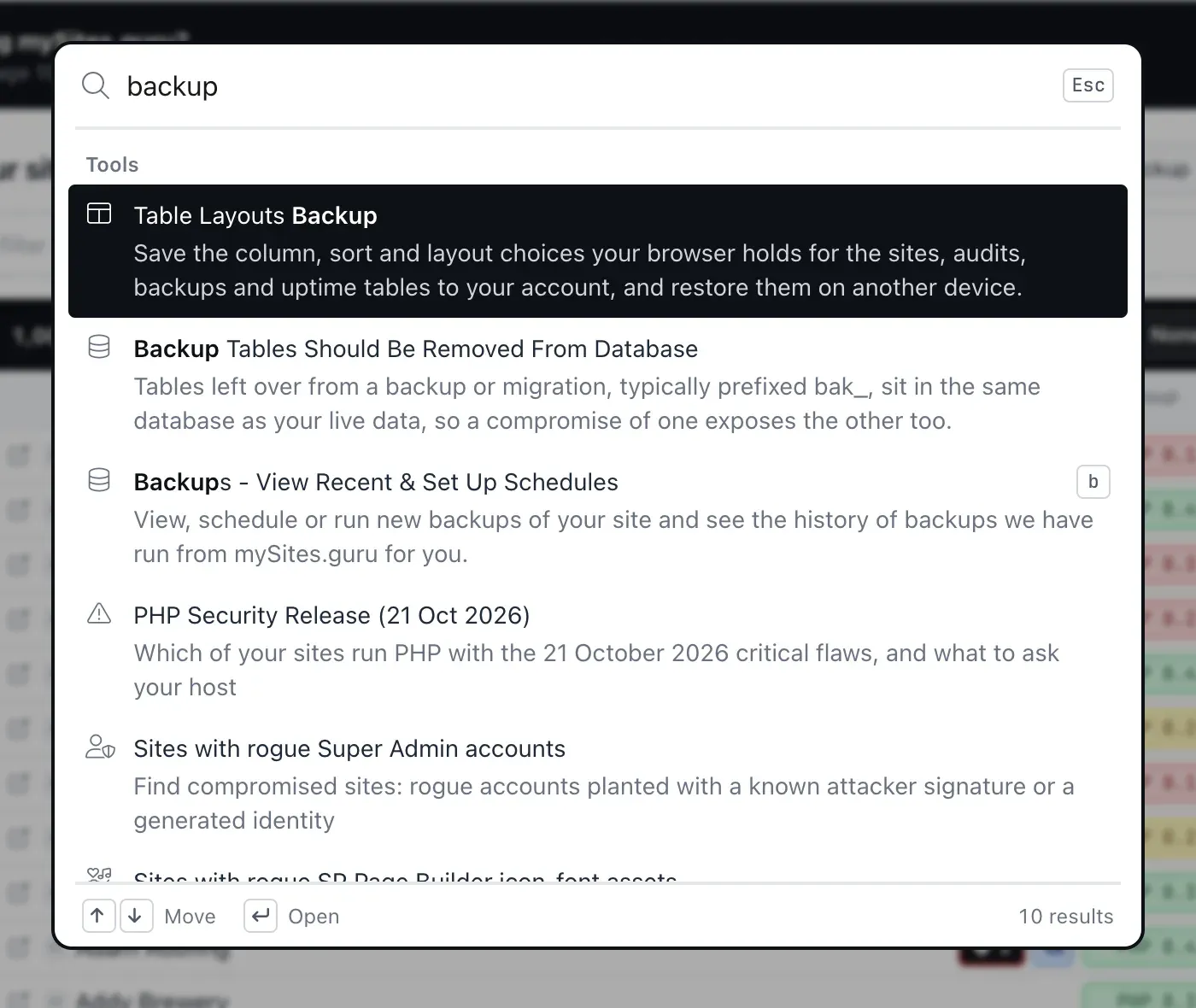 The mySites.guru command palette with the query backup typed, listing tools such as Backups with their full two-line descriptions, each with its keyboard shortcut shown as a key cap on the right, including b for Backups