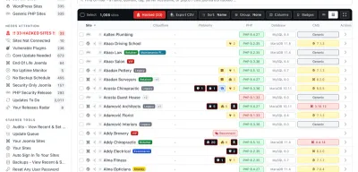 mySites.guru dashboard showing connected WordPress and Joomla sites