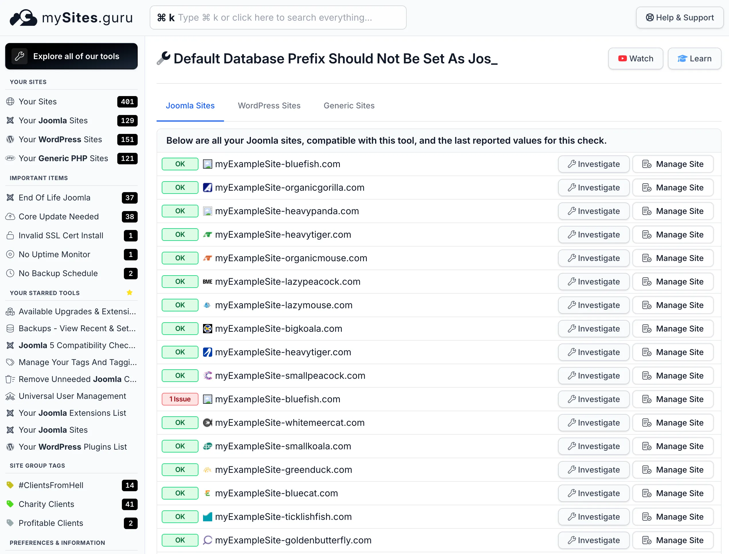 The mySites.guru pivot view showing the default database prefix check across all connected Joomla sites