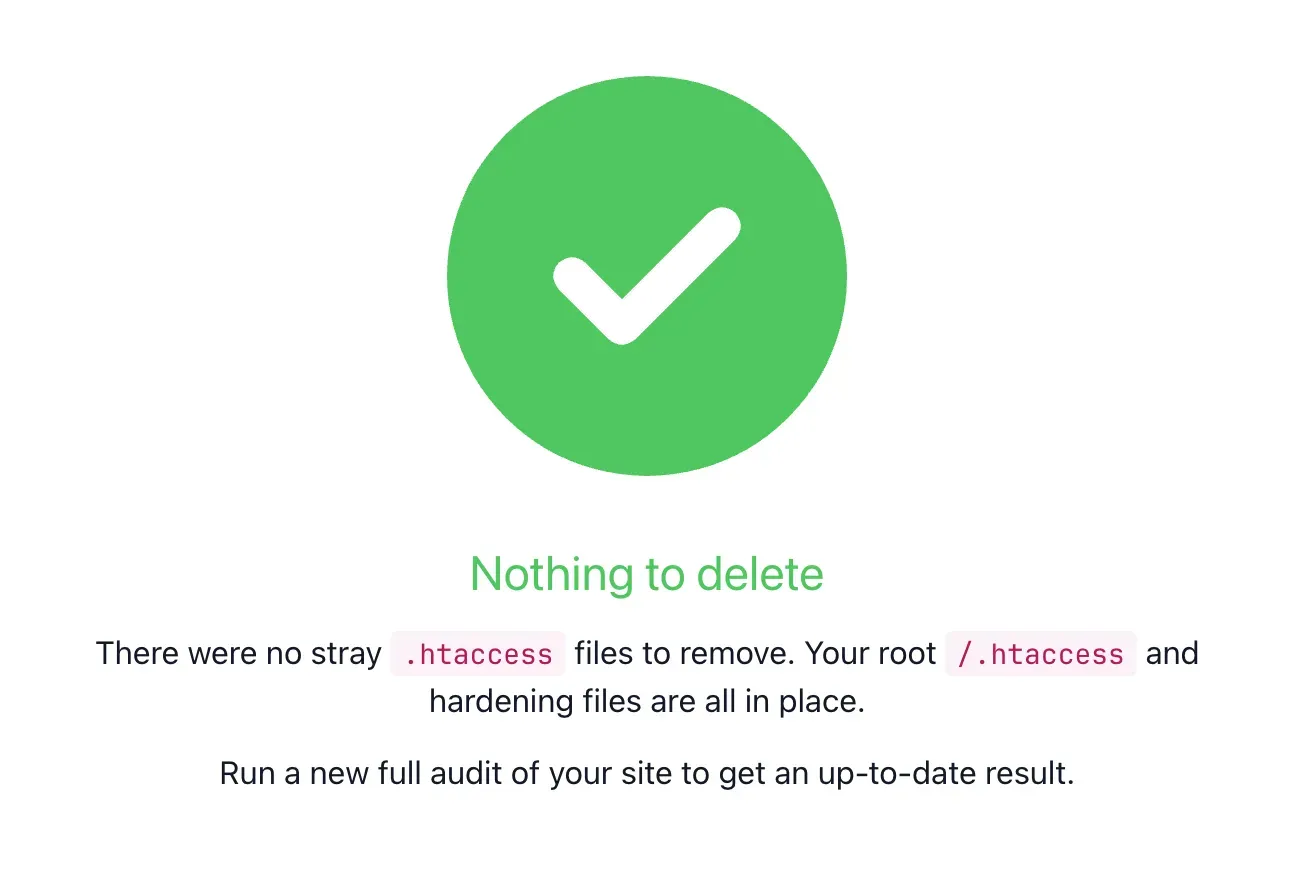 The Multiple .htaccess Files tool showing a list of hacker-planted .htaccess files in plugin, module and component folders, with the red Delete all button at the top