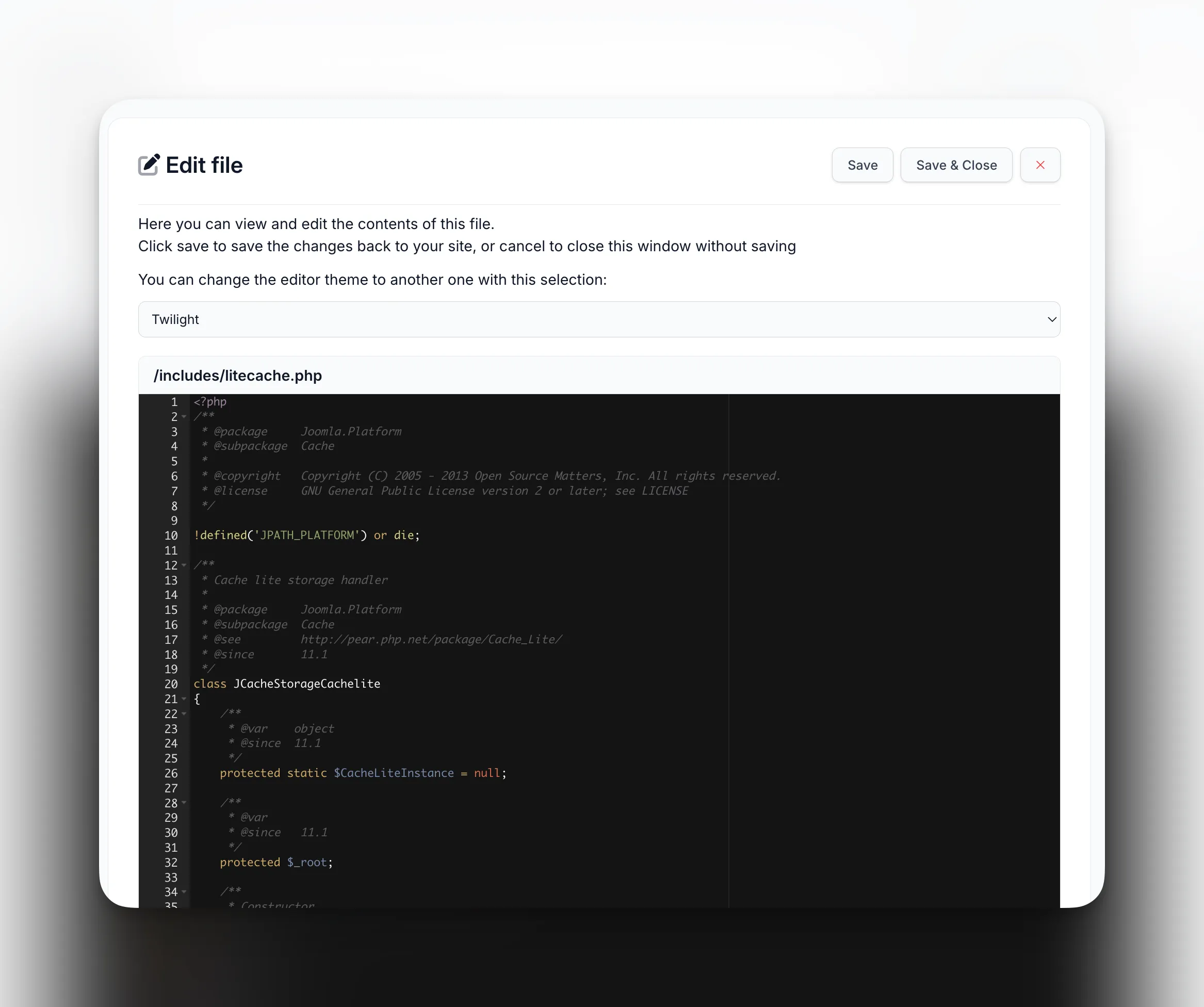 mySites.guru built-in file editor showing a PHP file with syntax highlighting and save controls