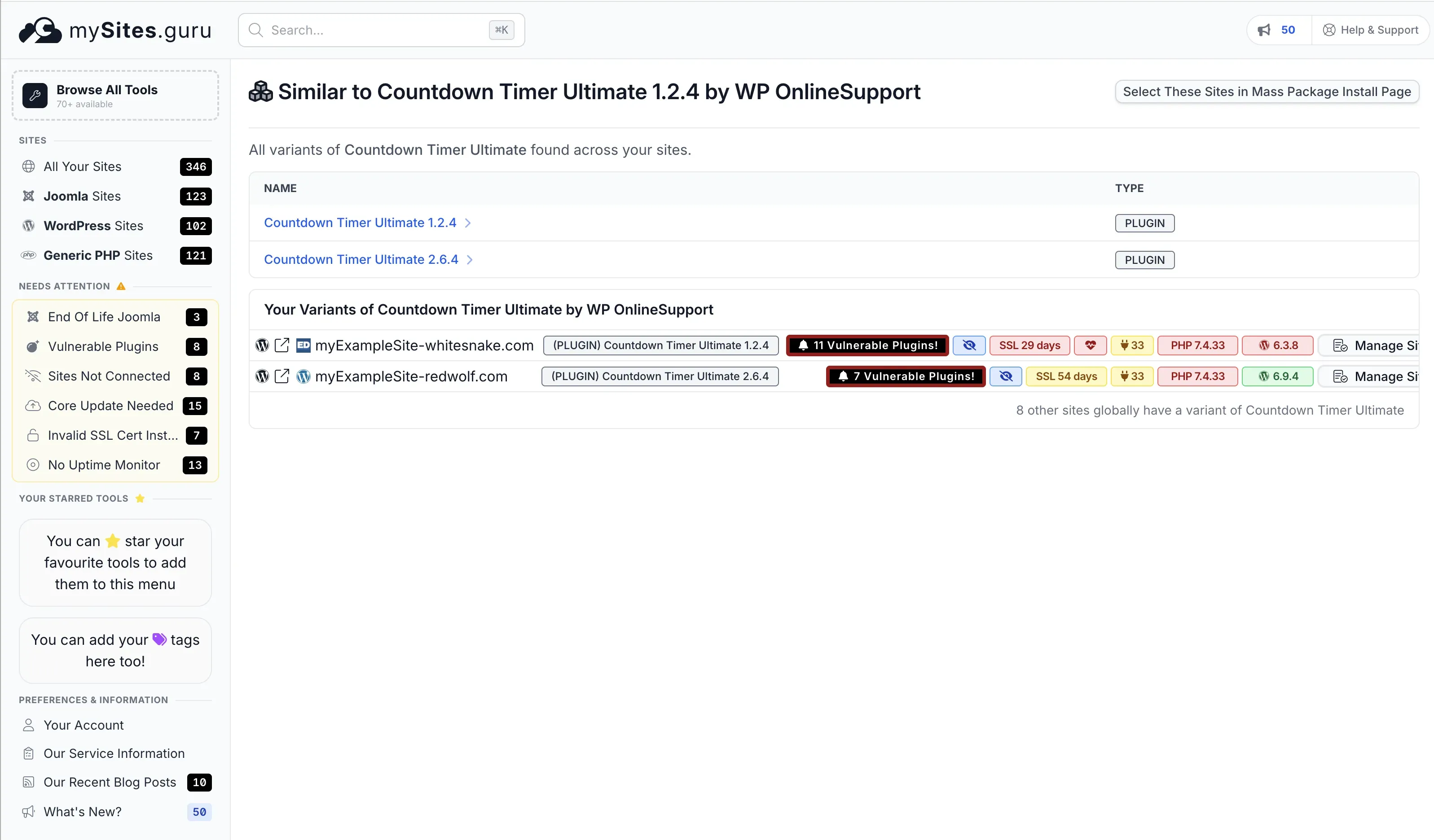 mySites.guru extension search showing Countdown Timer Ultimate installed across multiple sites with version and vulnerability status