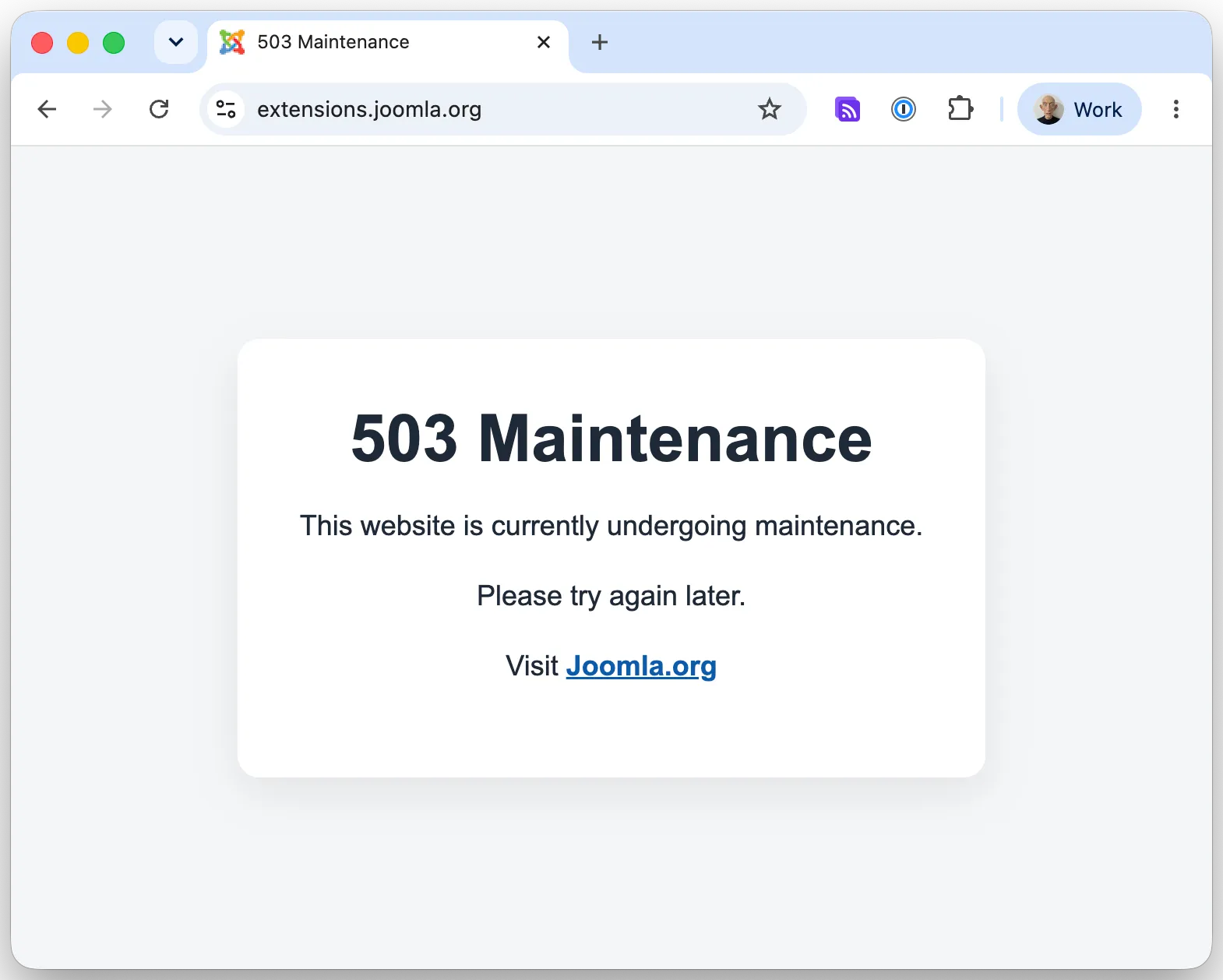 The official Joomla Extensions Directory at extensions.joomla.org showing a 503 Maintenance page, reading This website is currently undergoing maintenance, please try again later, after being hit by the JCE profiles hack