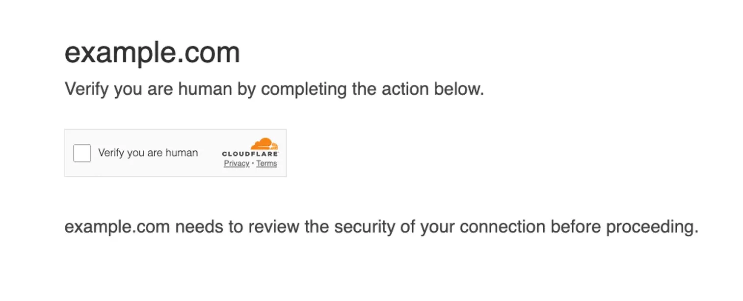 A fake Cloudflare verification page for example.com: the heading example.com, the line Verify you are human by completing the action below, a checkbox labelled Verify you are human with the Cloudflare logo and Privacy and Terms links, and the line example.com needs to review the security of your connection before proceeding