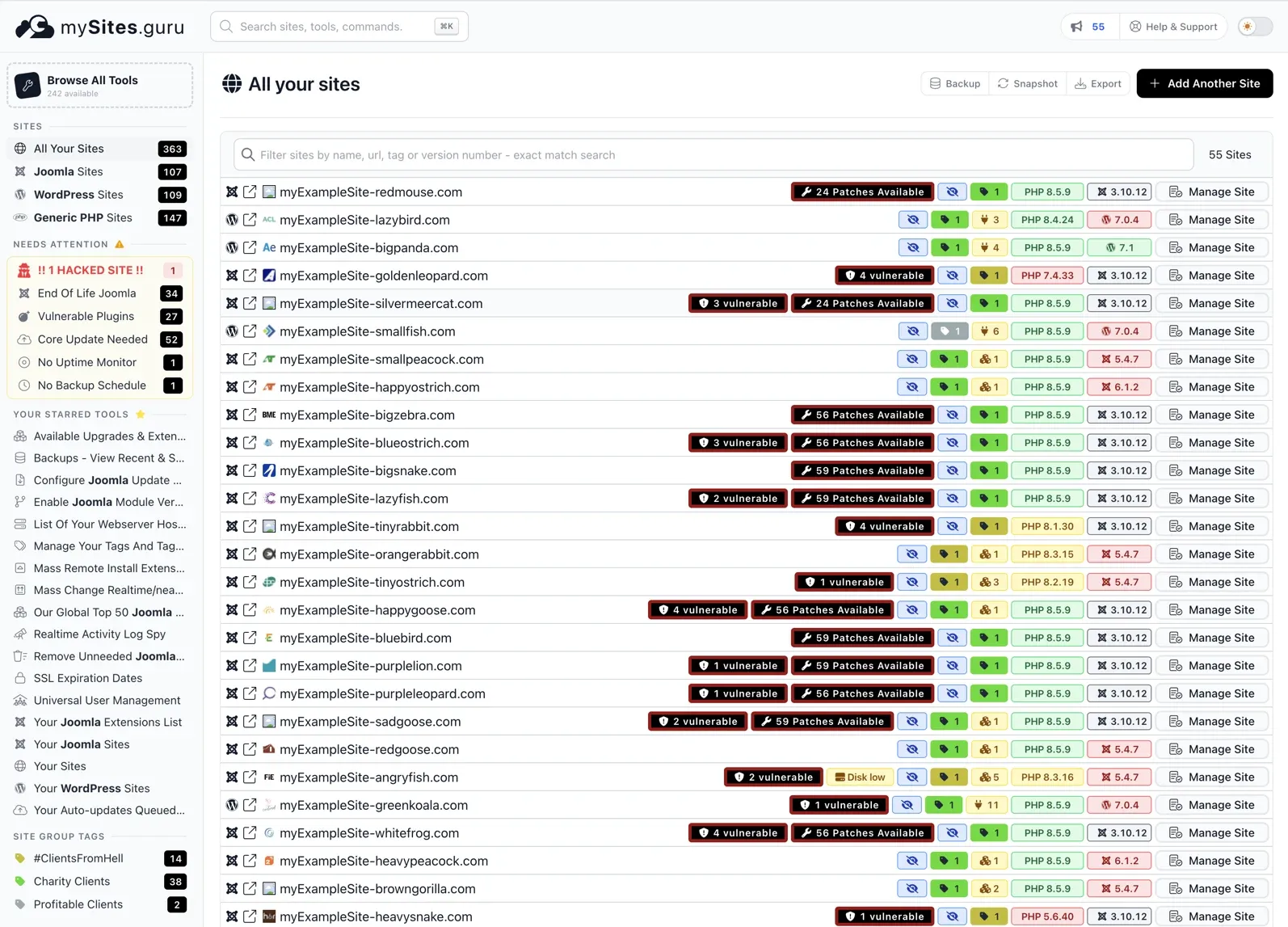 The mySites.guru dashboard listing connected Joomla and WordPress sites, each row showing its PHP version, CMS version, available patches and vulnerability count, with a sidebar flagging hacked sites, end-of-life Joomla and vulnerable plugins.