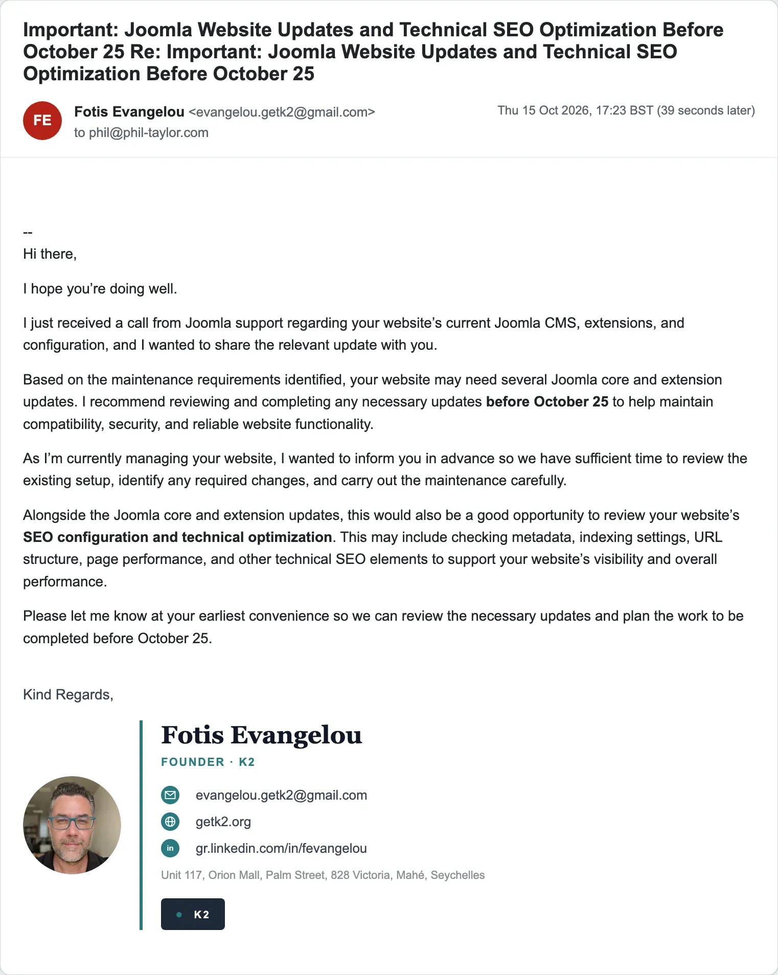An automatic reply from the scammer's Gmail account that re-sends the entire original pitch, with the subject line doubled