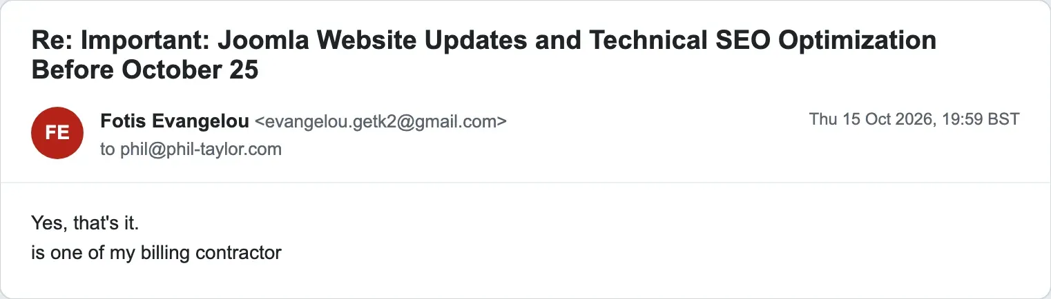 The scammer replying 'Yes, that's it. is one of my billing contractor', confirming Phil's own tracking link as a legitimate payment page