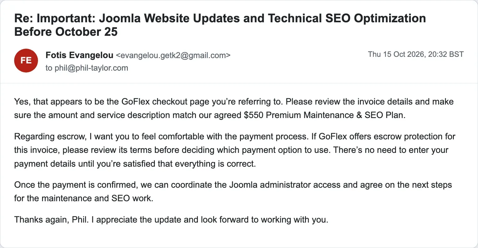 The scammer's later message calling Phil's tracking domain the GoFlex checkout page and backpedalling on escrow, saying there is no need to enter payment details until Phil is satisfied