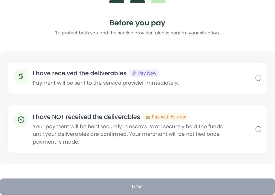 The GoFlex checkout 'Before you pay' step offering two choices: 'I have received the deliverables' which pays the merchant immediately, or 'I have NOT received the deliverables' which holds the funds in escrow until the work is confirmed