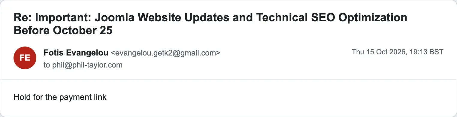 A four-word message from the scammer reading Hold for the payment link