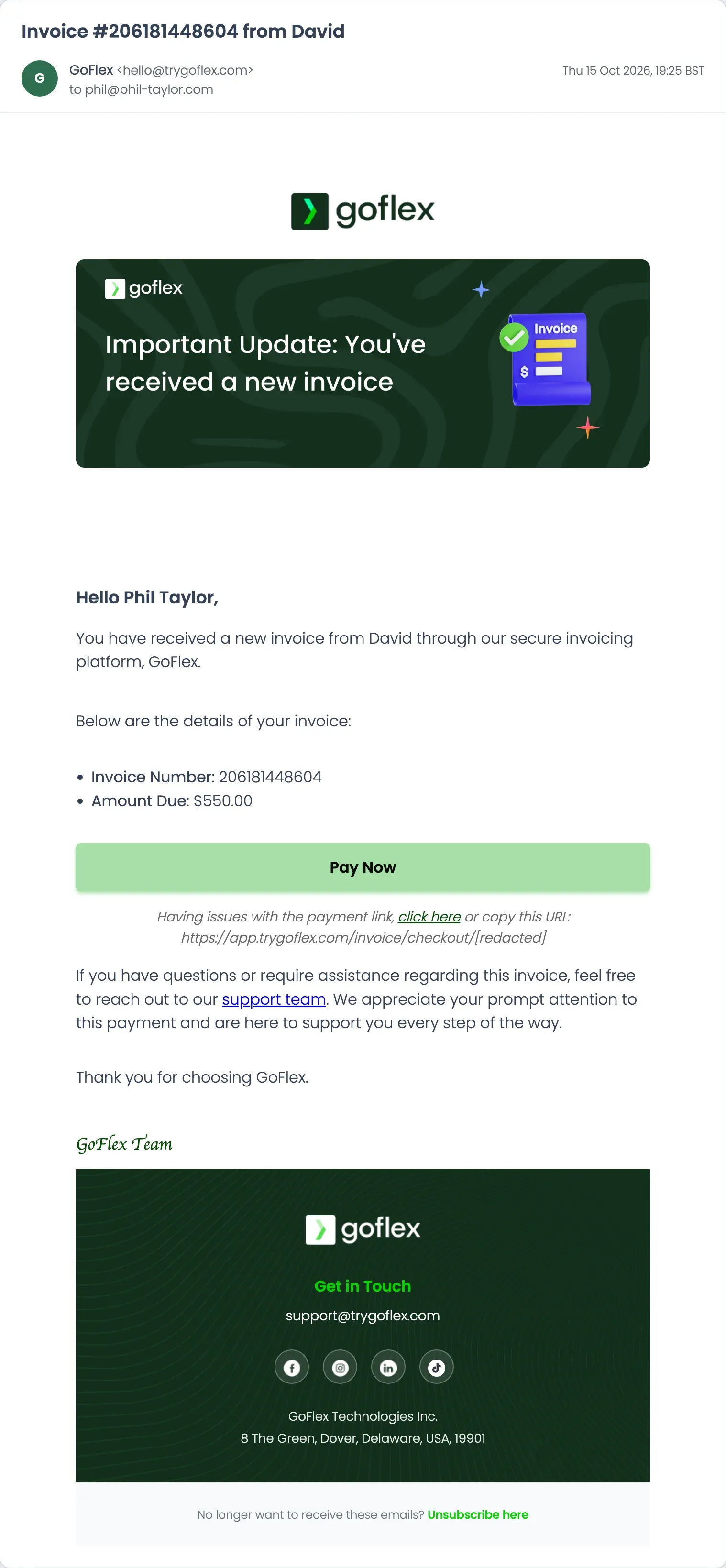 An invoice notification email from GoFlex announcing Invoice #206181448604 from David with $550.00 due and a Pay Now button