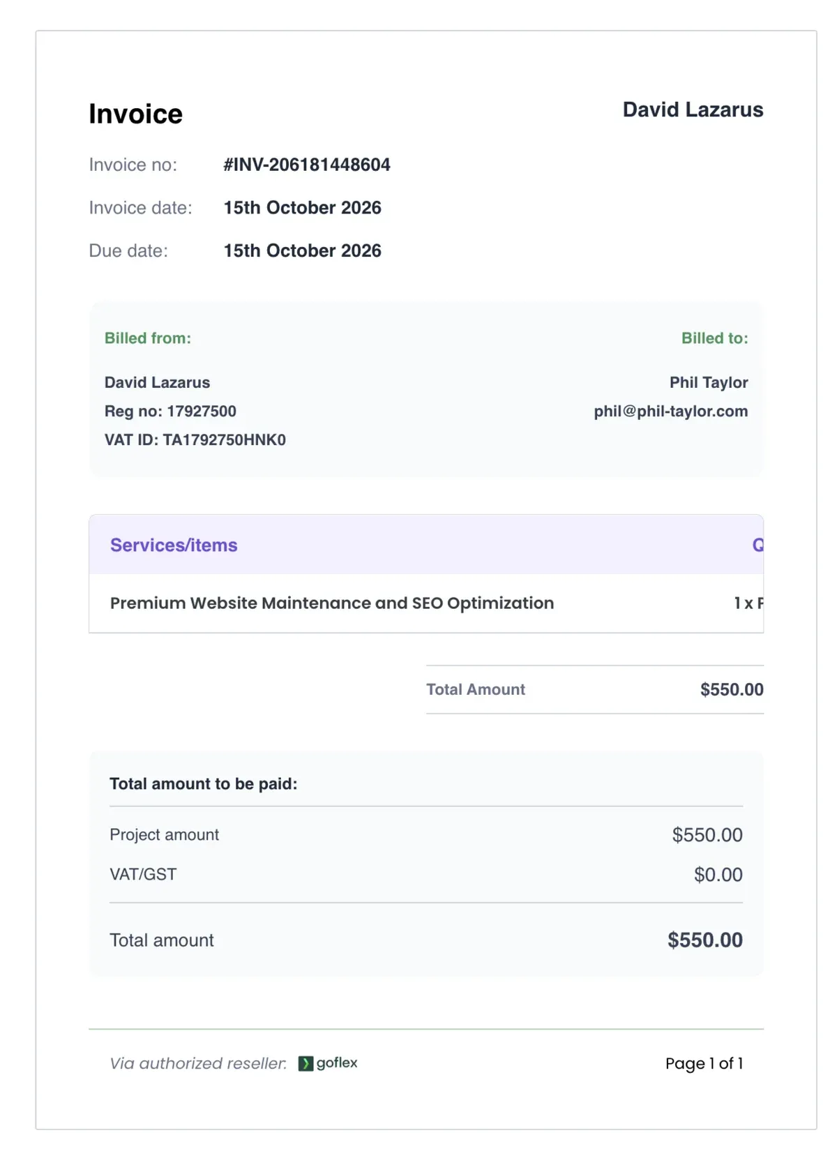 The GoFlex invoice page showing Billed from David Lazarus, billed to Phil Taylor, for $550 of Premium Website Maintenance and SEO Optimization