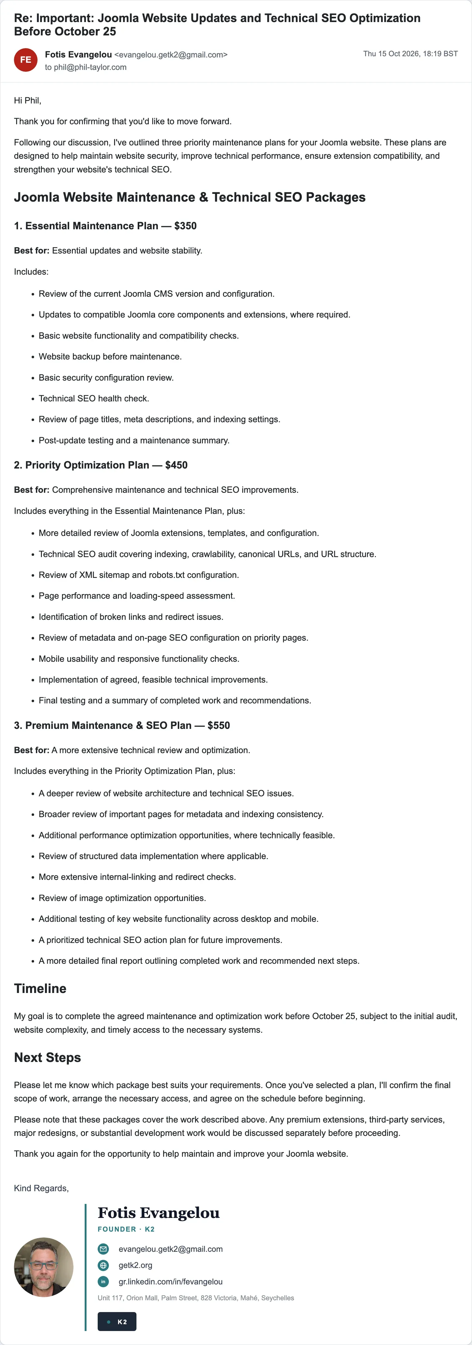 The scammer's reply offering three priced maintenance plans at $350, $450 and $550, to be completed before 25 October