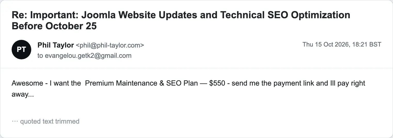 Phil choosing the $550 Premium Maintenance and SEO Plan and asking for a payment link