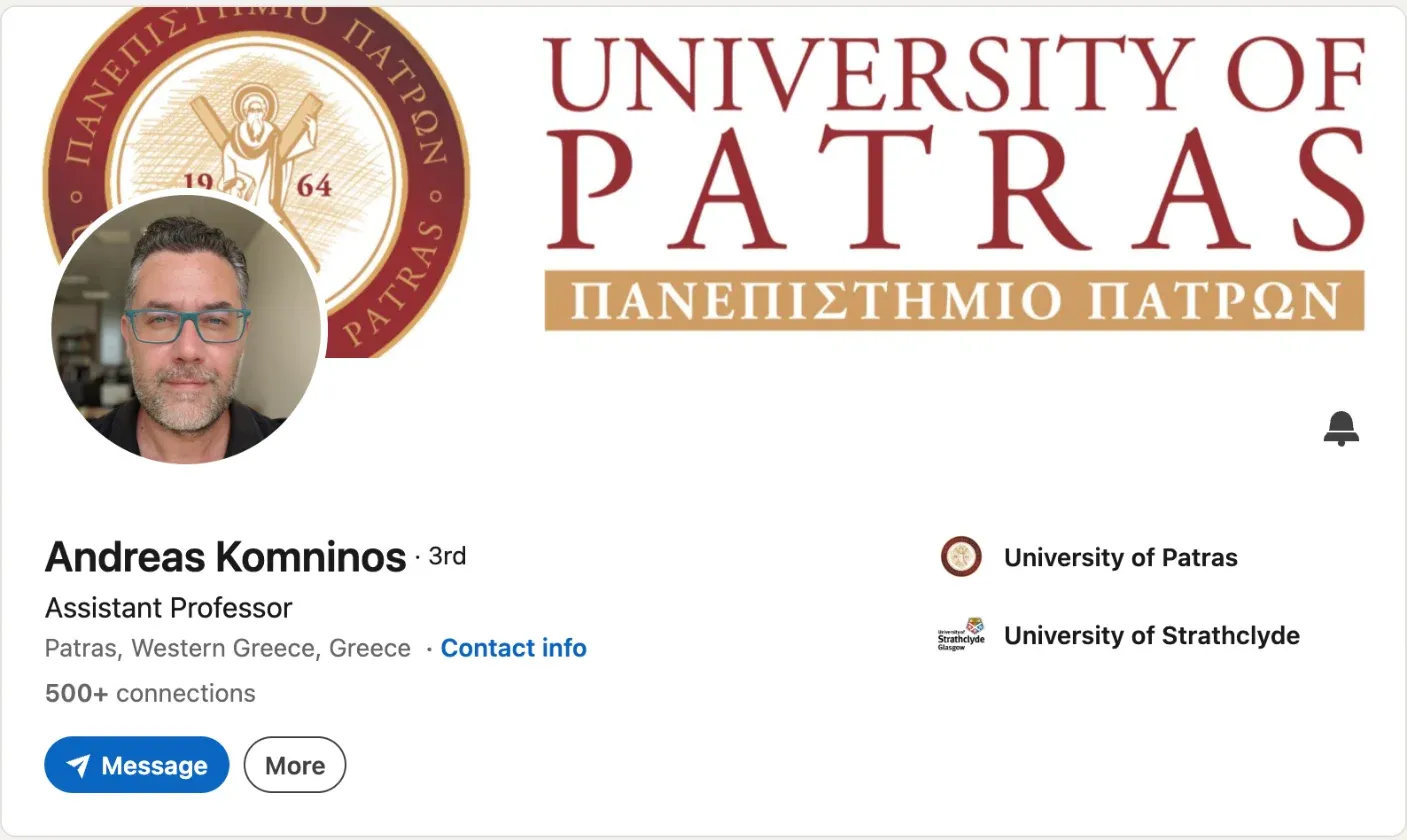 The LinkedIn profile header of Andreas Komninos, Assistant Professor in Patras, Western Greece, showing the same profile photo that appears in the scam email signature