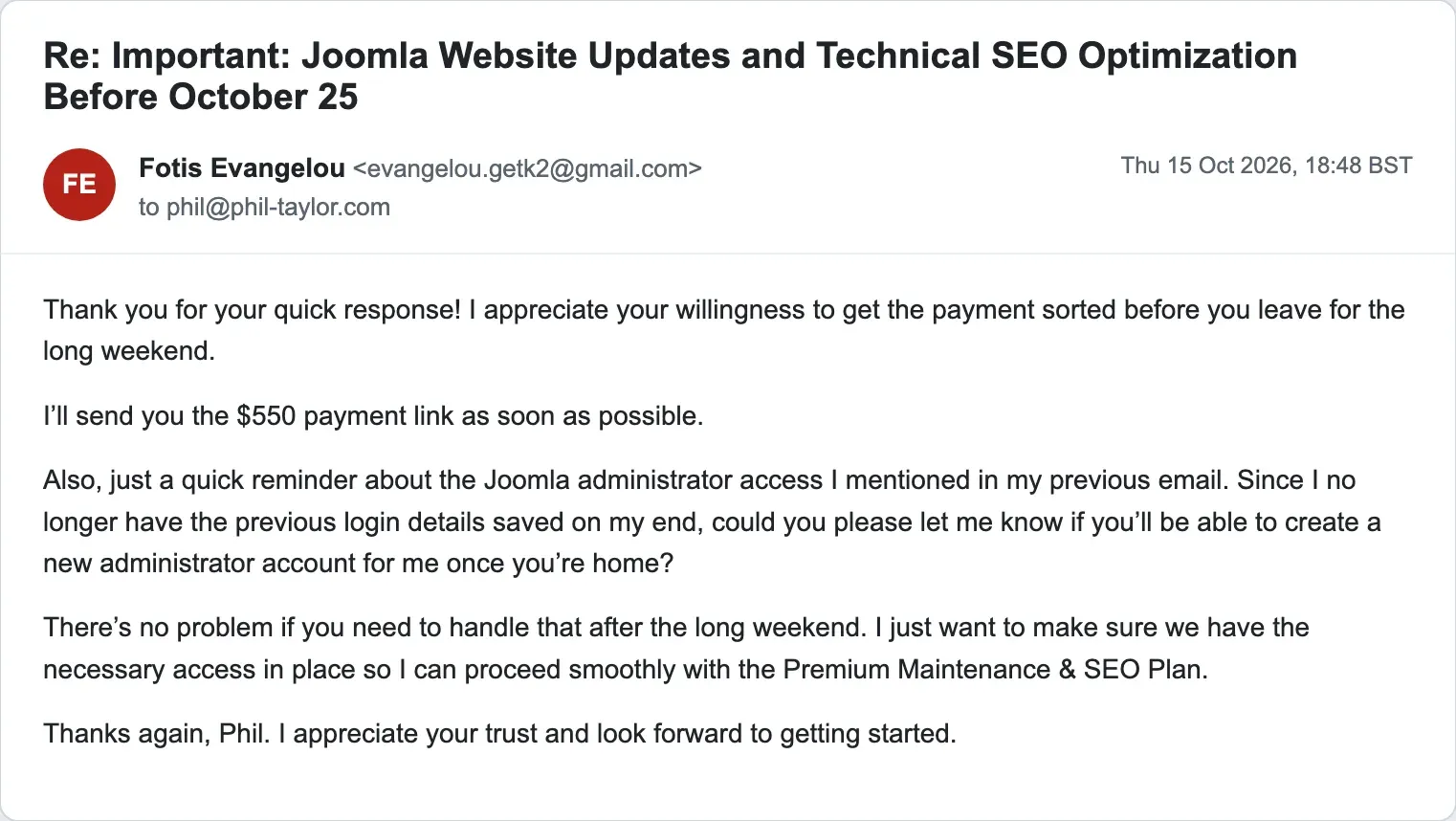 The scammer promising the $550 payment link and reminding Phil to create the administrator account once he is home