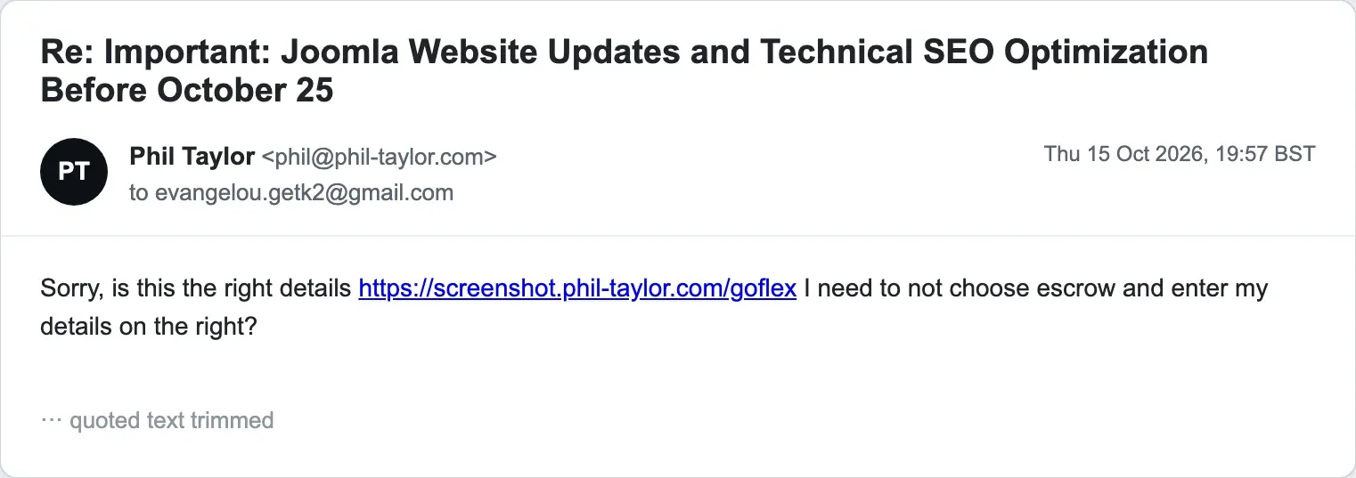 Phil's message to the scammer asking whether a link on his own domain is the right place to pay and not to choose escrow