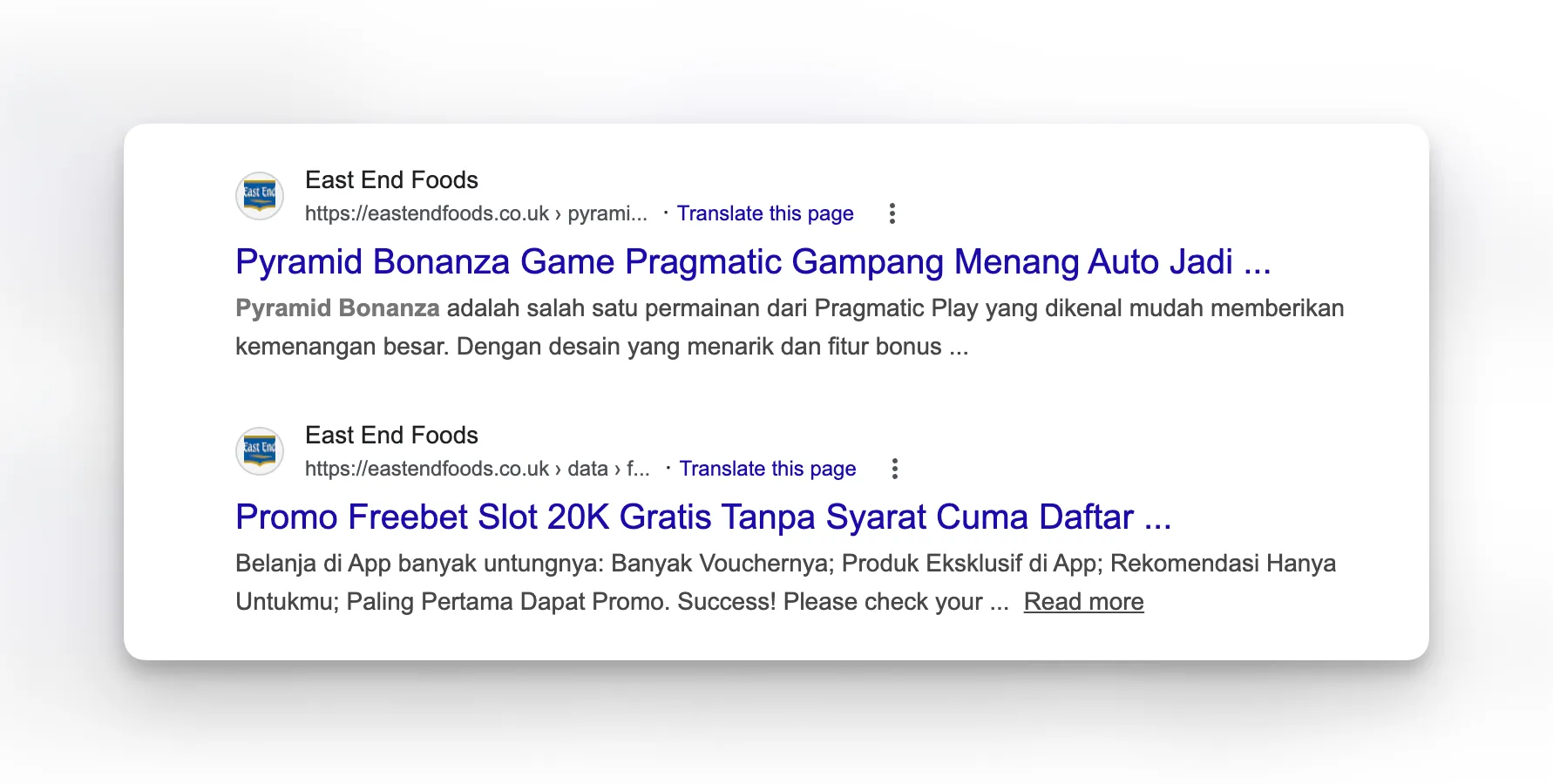 Google search results showing a hacked website with SEO spam gambling pages indexed under a legitimate business domain