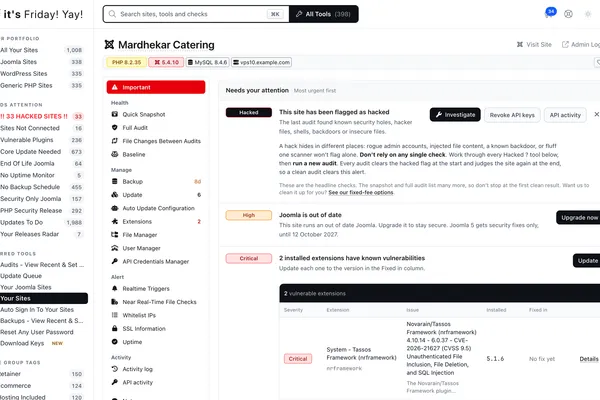 A site page in mySites.guru flagged as hacked, with its version pills and the Important tab listing what to fix first