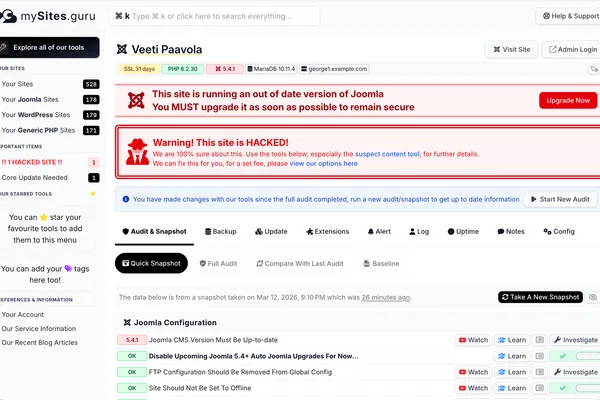 mySites.guru dashboard showing a hacked site with audit tools, security warnings, and one-click upgrade