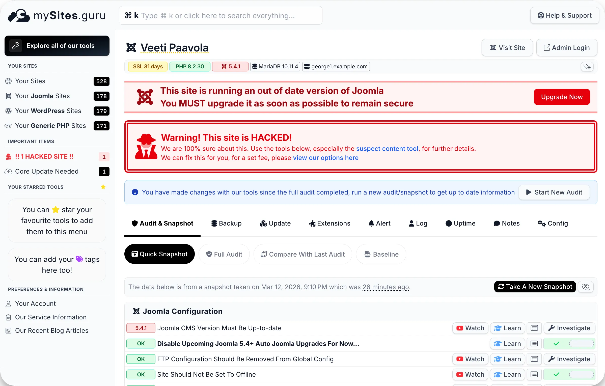 mySites.guru dashboard showing a hacked site with audit tools, security warnings, and one-click upgrade