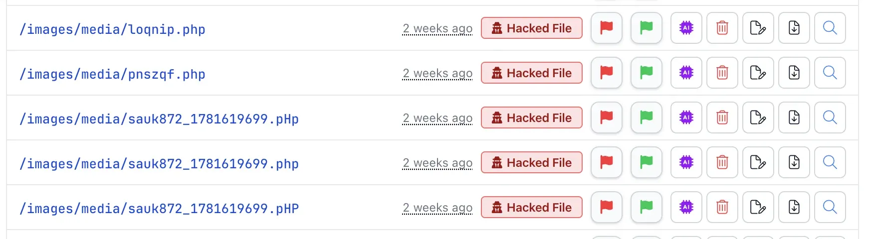 A mySites.guru audit showing five malicious PHP shells in /images/media, including the same file sauk872_1781619699 uploaded three times with case-varied extensions .pHp, .php and .pHP, each flagged as a Hacked File dated two weeks ago