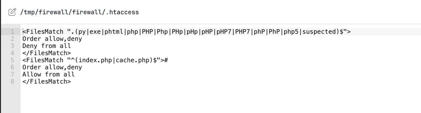 The contents of an attacker-planted .htaccess: a FilesMatch block denying execution to every spelling of a PHP file extension, followed by a second block that re-allows only index.php and cache.php