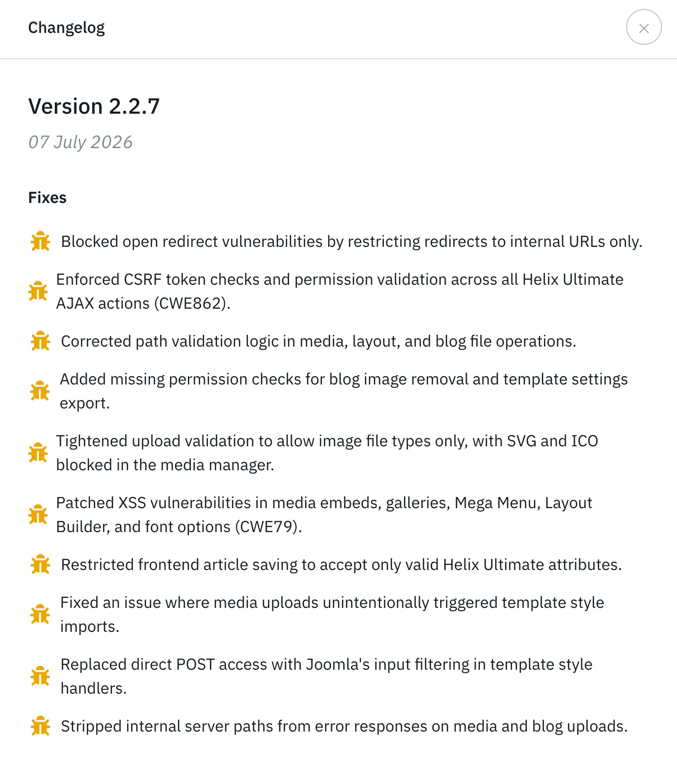 The Helix Ultimate 2.2.7 changelog, dated 07 July 2026, listing security fixes including blocked open redirects, enforced CSRF and permission checks across AJAX actions, corrected path validation, and patched XSS in the Mega Menu and Layout Builder