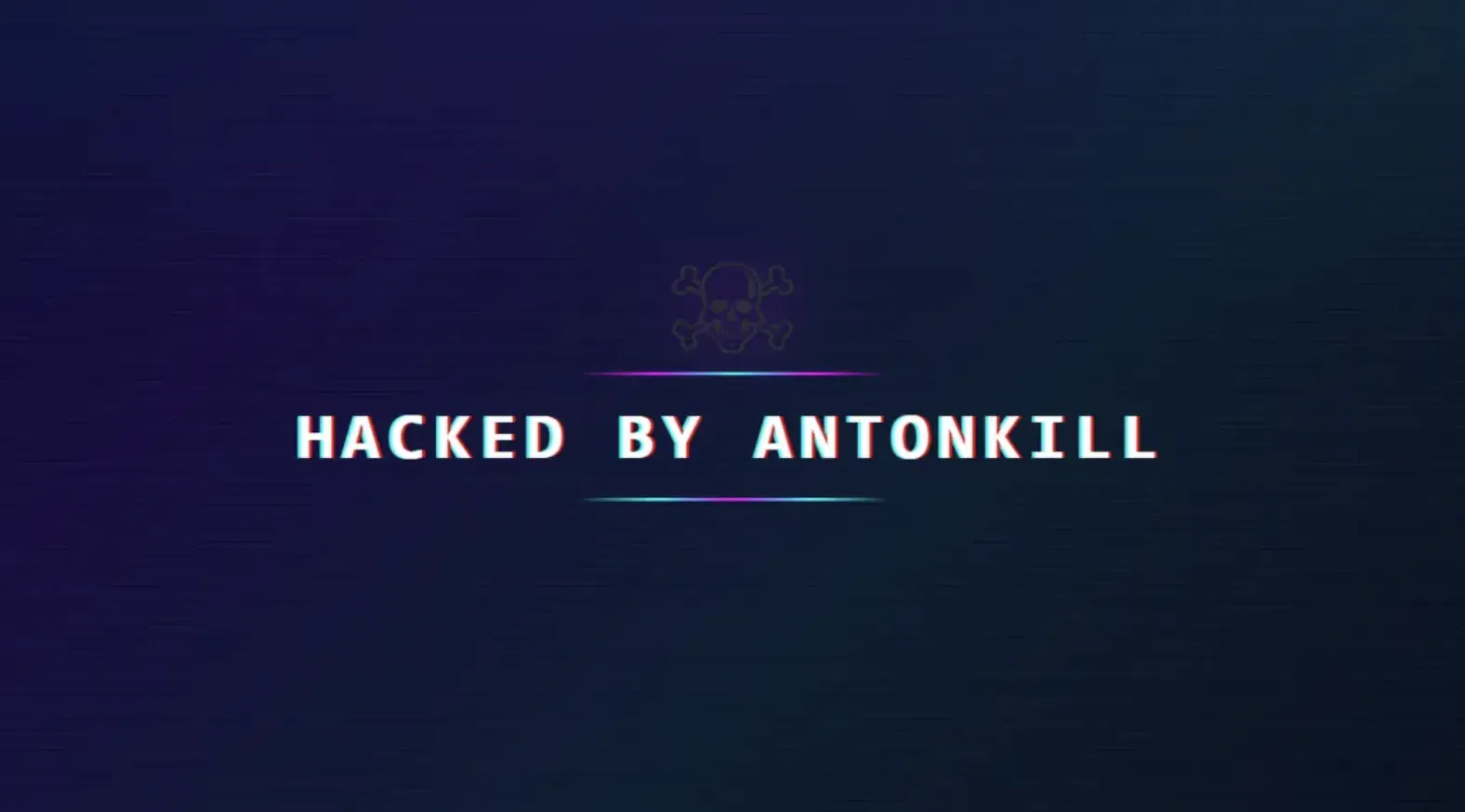 The Hacked by AntonKill defacement: a dark full-screen page with a skull and crossbones, a cyan and magenta glitch bar, and the text HACKED BY ANTONKILL