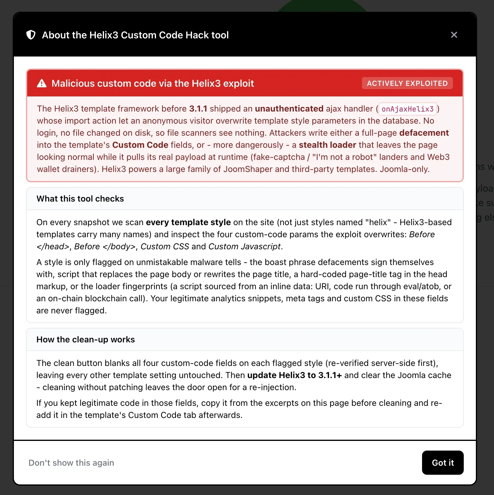 The About the Helix3 Custom Code Hack tool panel in mySites.guru, marked Actively Exploited, explaining that the Helix3 onAjaxHelix3 handler let anonymous visitors overwrite template style parameters, and describing what the tool checks and how the one-click clean-up works