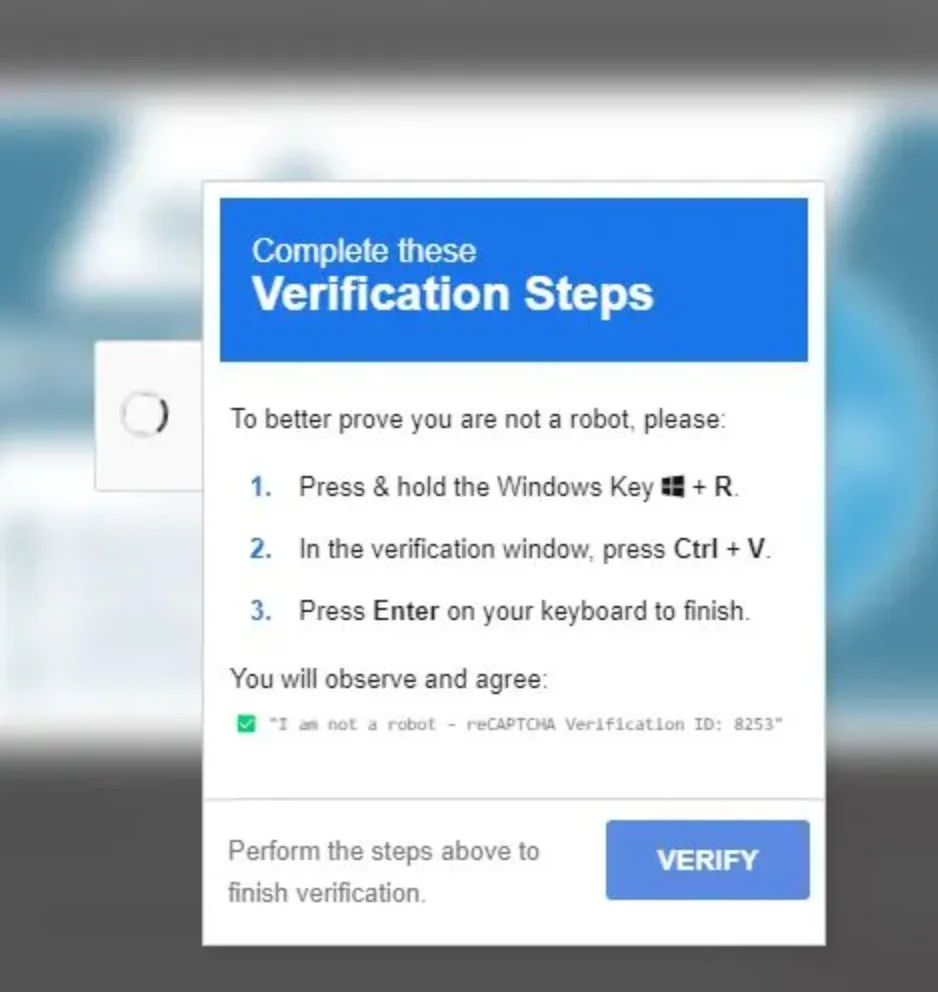 A fake “Complete these Verification Steps” box mimicking Google reCAPTCHA, instructing the visitor to press the Windows Key plus R, then Ctrl and V, then Enter. A ClickFix lure served by the Helix3 stealth loader in place of a visible defacement