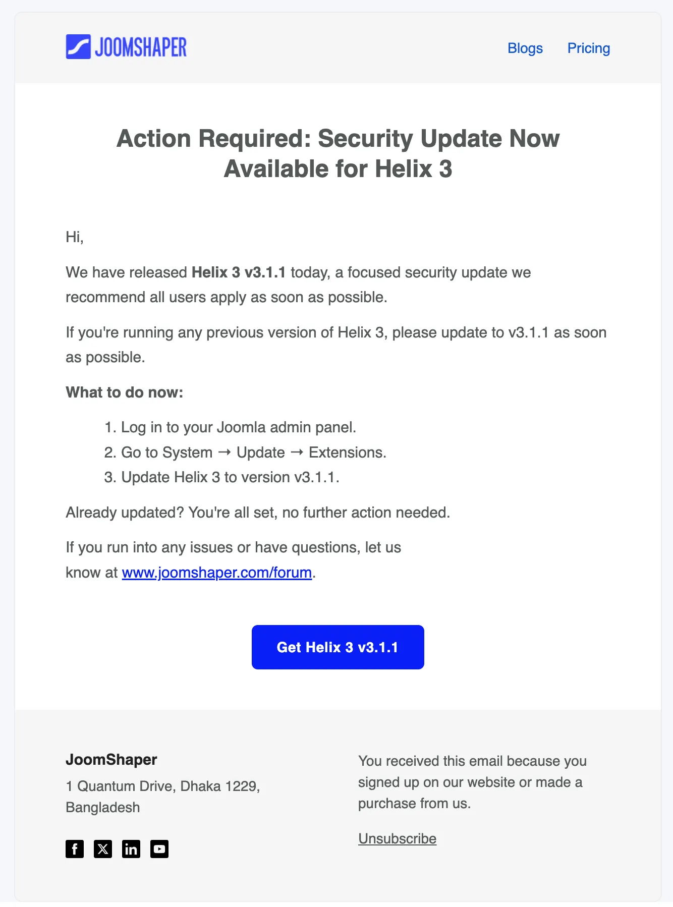 JoomShaper email headed “Action Required: Security Update Now Available for Helix 3”, recommending all users apply v3.1.1 as soon as possible, with steps to update through the Joomla admin