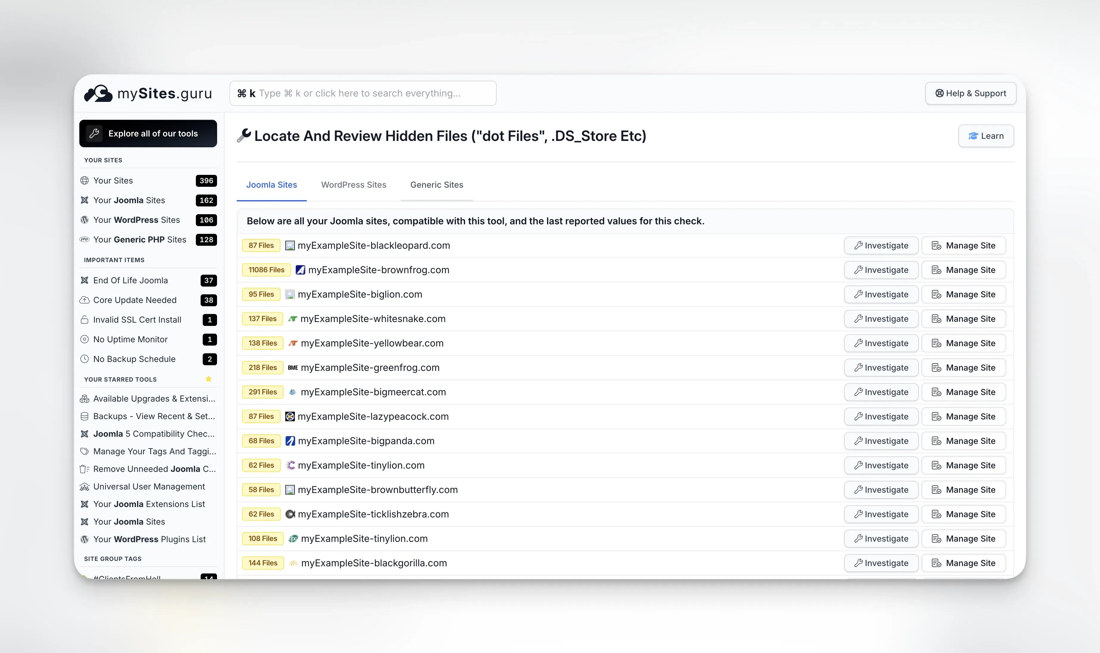 The all-sites hidden files view showing hidden file counts across every connected site