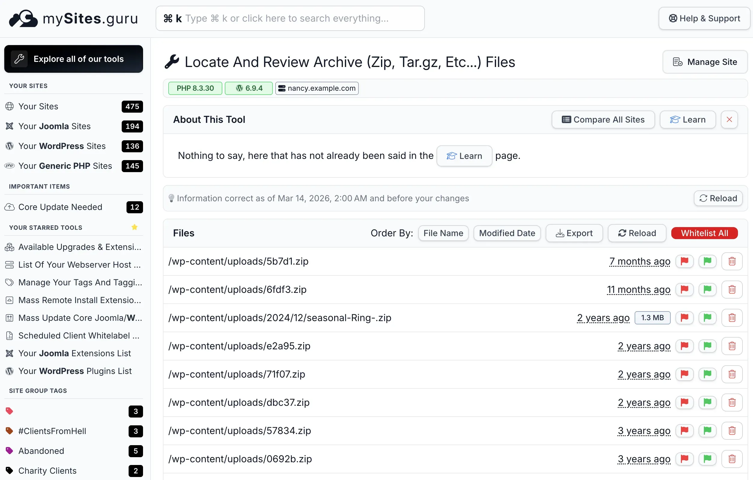 mySites.guru archive files tool showing ZIP files found in a WordPress site's wp-content/uploads directory, with file ages ranging from 7 months to 3 years