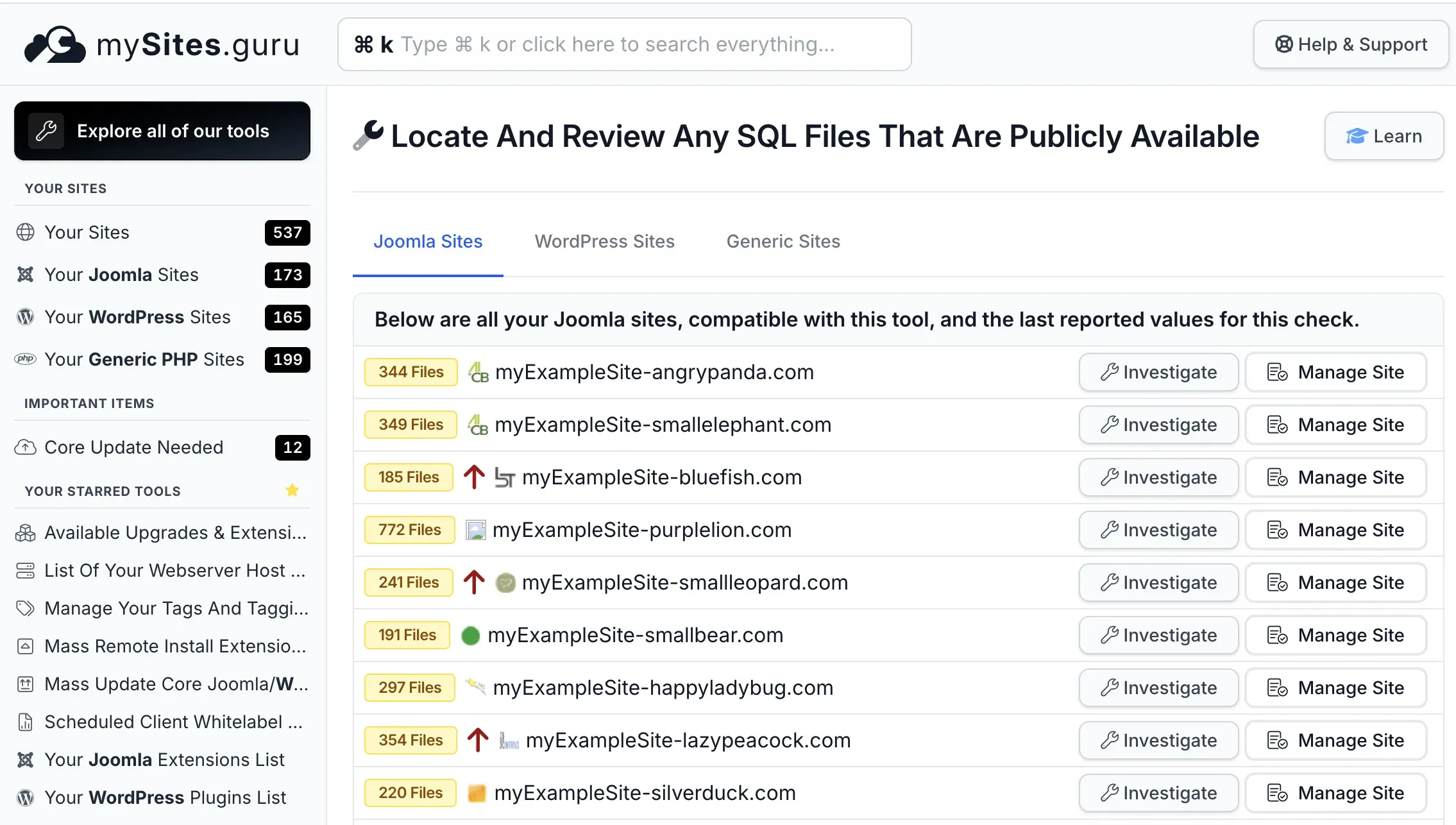 mySites.guru pivot view showing the SQL files audit tool results across all connected Joomla sites, with file counts and Investigate buttons for each site