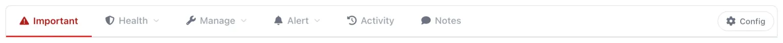 The mySites.guru site Manage page tab bar, with the Config pill and gear icon highlighted in the top right corner